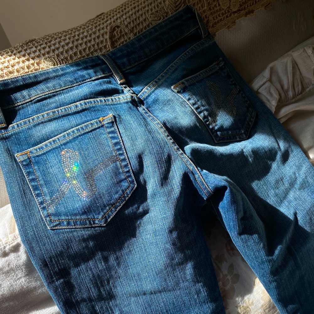 Bebe embellished low rise flared denim